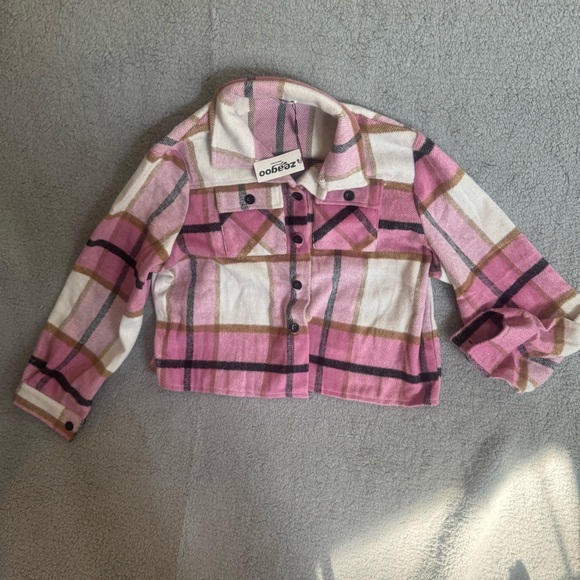 Zeagoo Women’s Flannel Cropped Shacket Jacket Plaid Button Down Shirt Pink Large - Picture 2 of 6